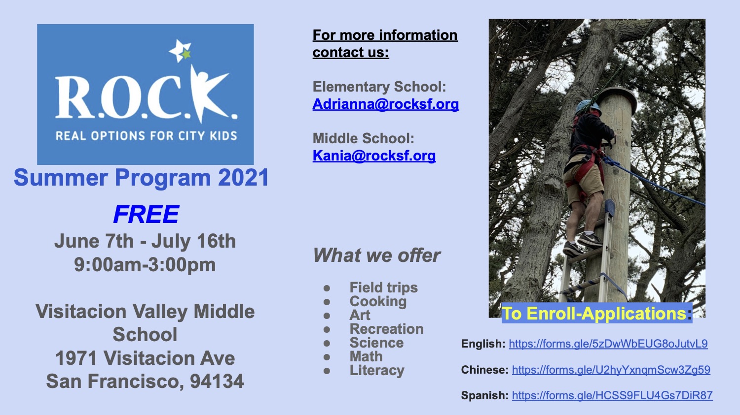 a flyer with a light blue background with a picture of a person climbing a pole. It also has details about the R.O.C.K. summer program