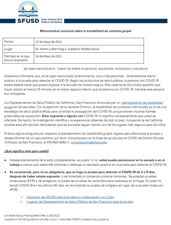 Universal GROUP CONTACT TRACING Memo May 27 2022 Spanish Page 1