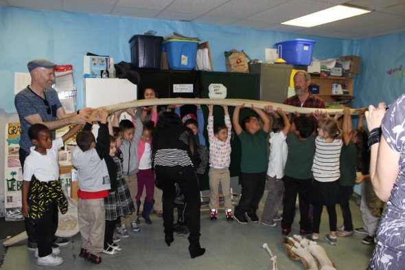 Students holding up large whale bone