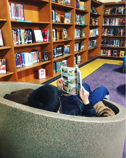 Student reading a book in the VVMS library