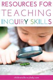 Resources for teaching inquiry skills with a child holding a magnifying glass looking at a bug.