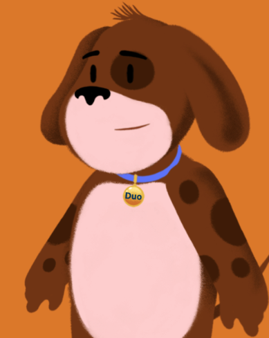 Cartoon dog with collar that has the name Duo