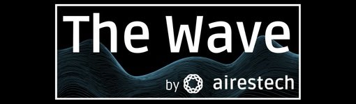 The Wave Logo written over a black background with a gray wave