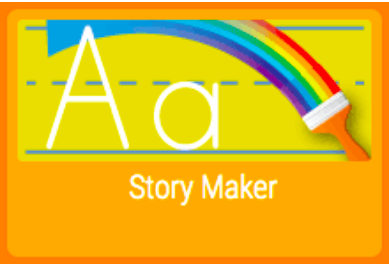 Upper & Lowercase Letter A with rainbow paintbrush and Story Maker text below