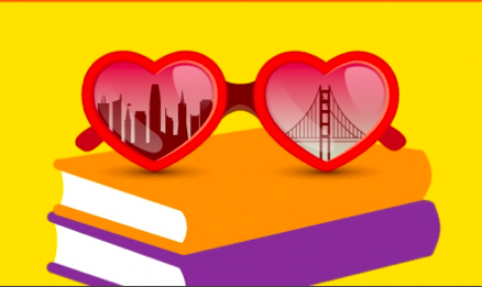 Illustration of heart sunglasses with the Golden Gate Bridge and Downtown San Francisco reflected in the lenses sitting on top of two books 
