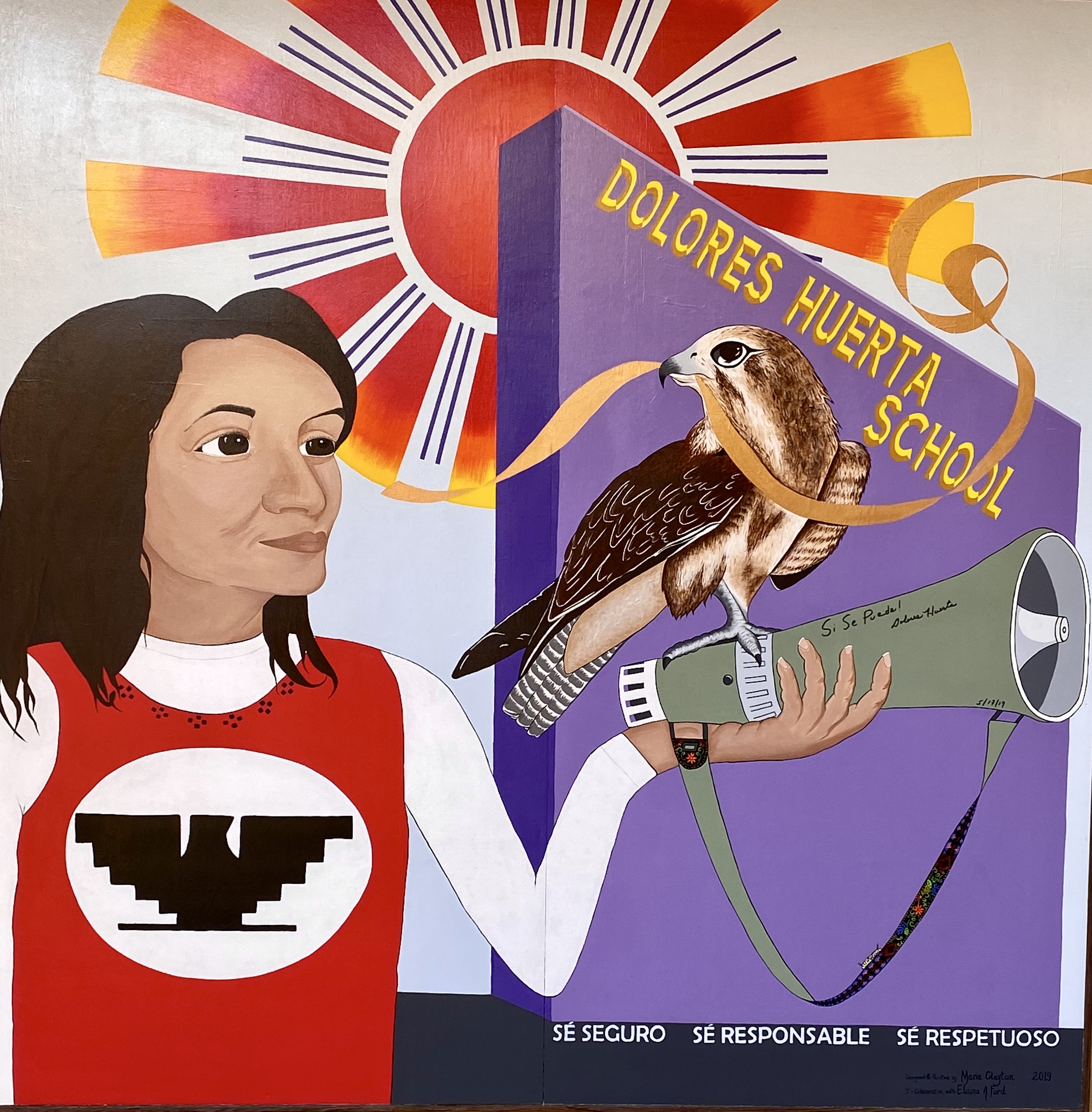 Dolores with eagle Sé Seguro, Sé Responsable, Sé Respetuoso