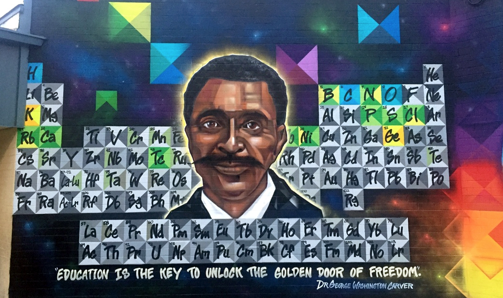 Mural with the periodic table and Dr. Carver at Carver Elementary School