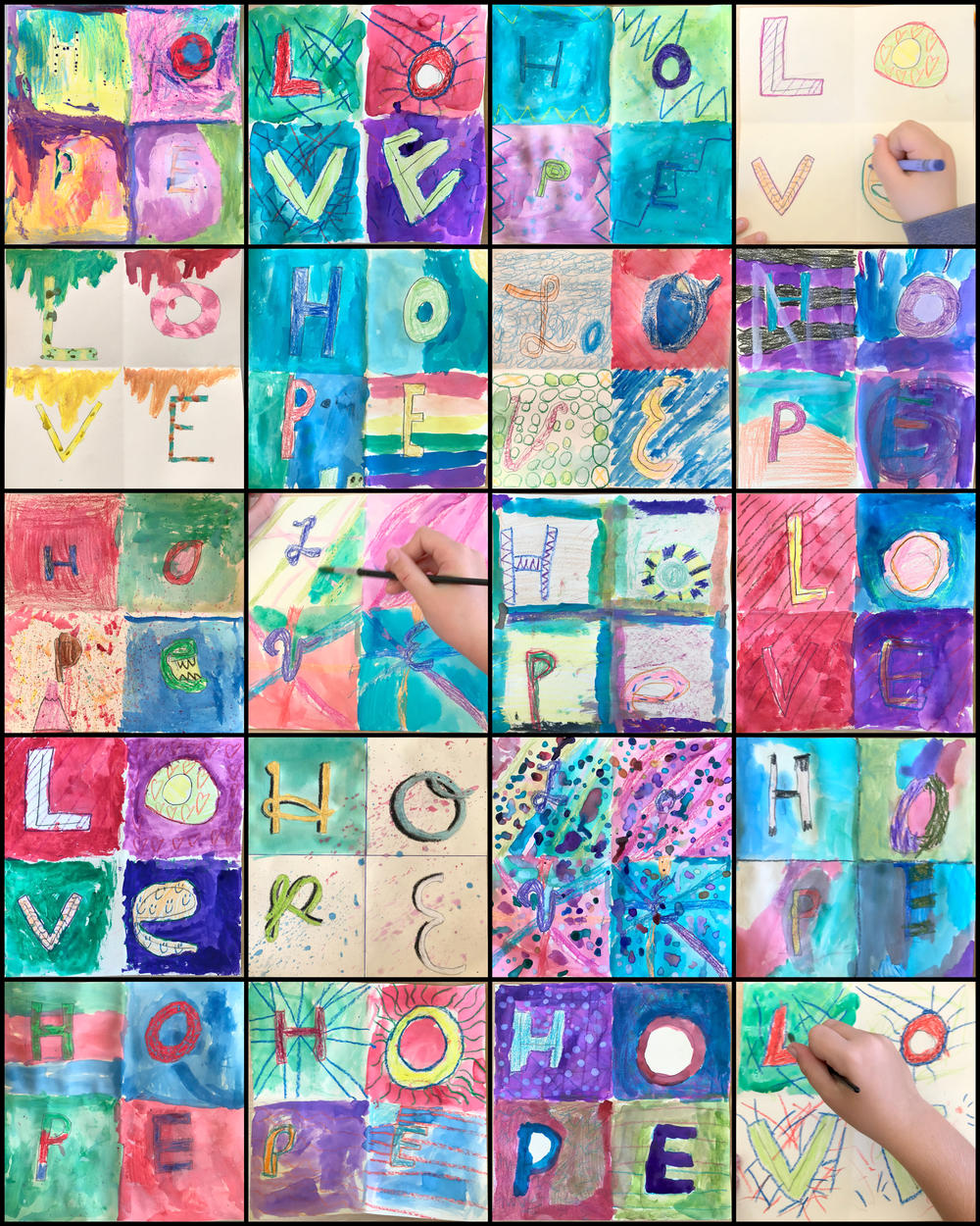 Collage of drawings and paintings