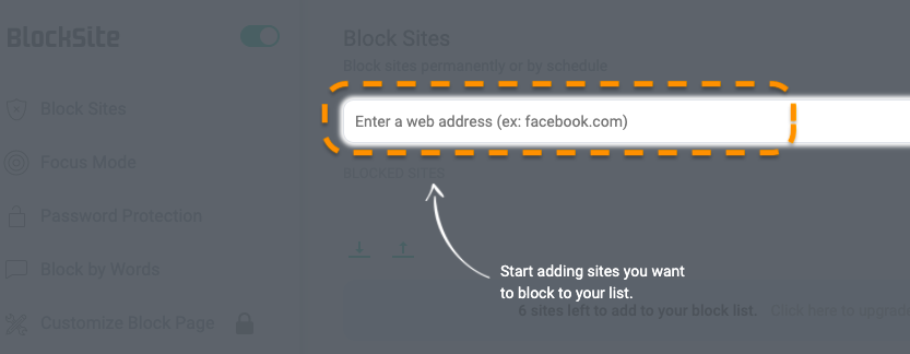 Enter websites to be blocked screenshot