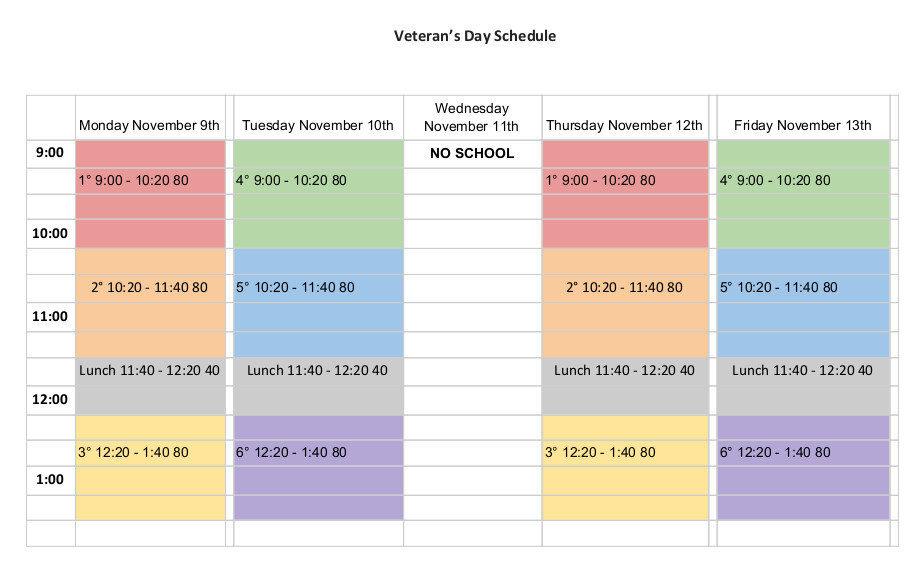 Veteran's Day Schedule