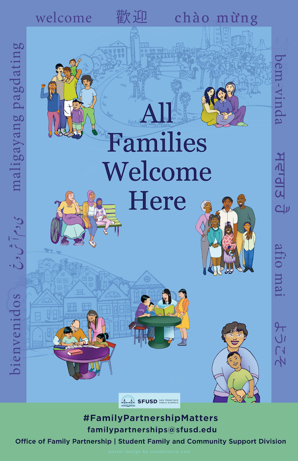 Poster depicting many different families with the words "All Families Welcome Here"