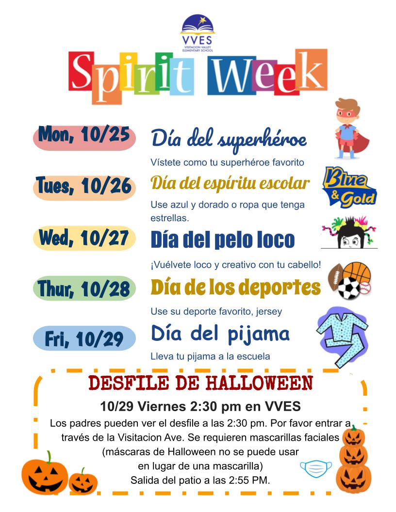 colorful poster detailing VVES Spirit Week from October 25th to October 29th in Spanish