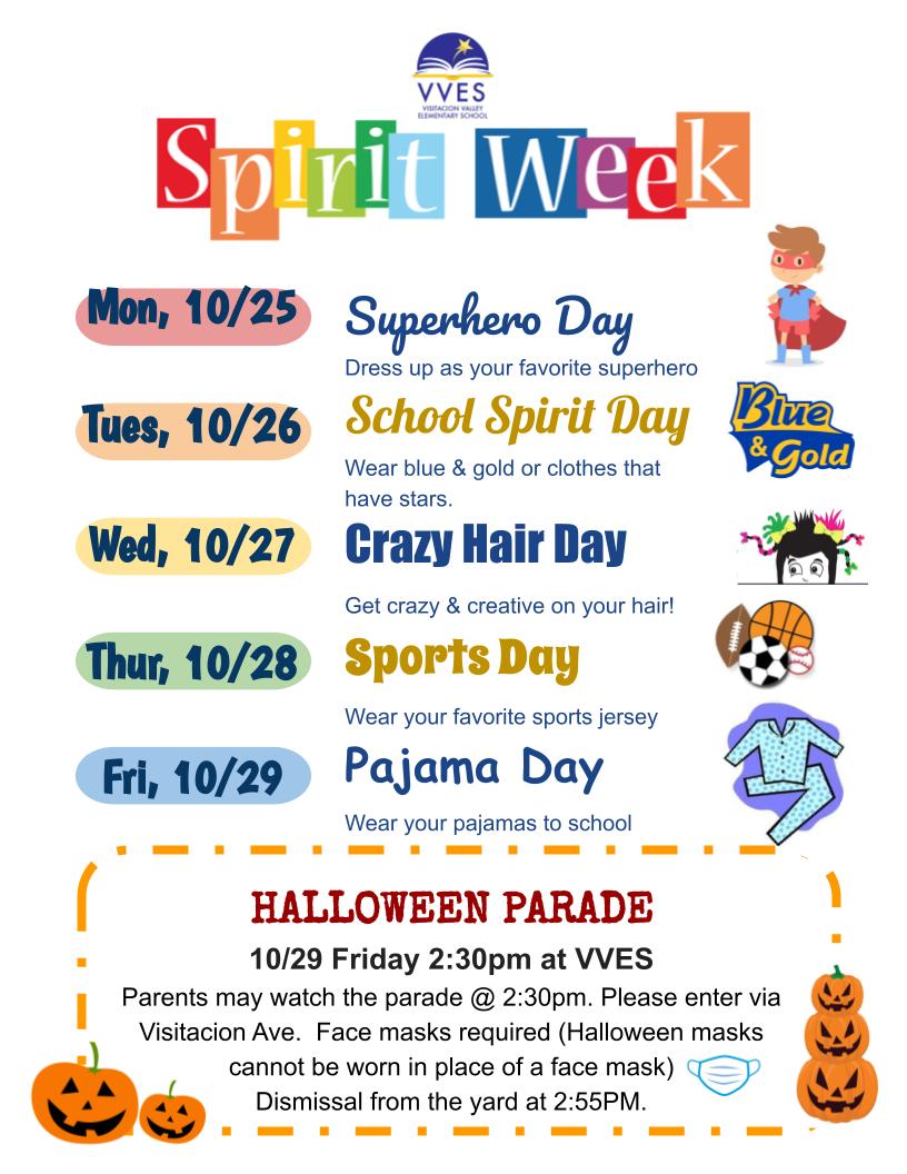 colorful poster detailing VVES Spirit Week from October 25th to October 29th