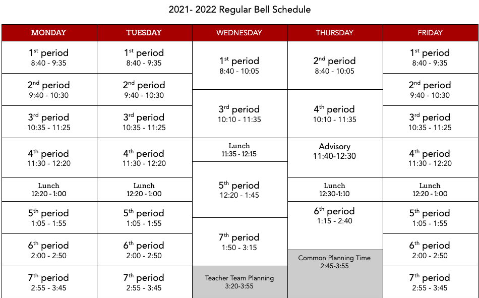 TMAHS Bell Schedule in grid format