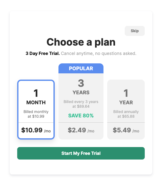 Screen capture of the BlockSite popup showing the premium plans, the "Start my free trial" button, and the "Skip" button