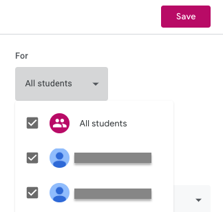 Screenshot of assigning to specific students in Classroom