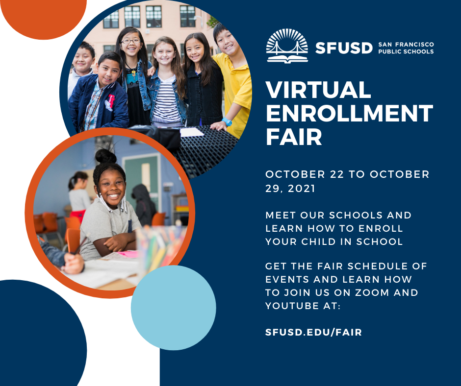 Enrollment fair flyer showing group of elementary school students smiling