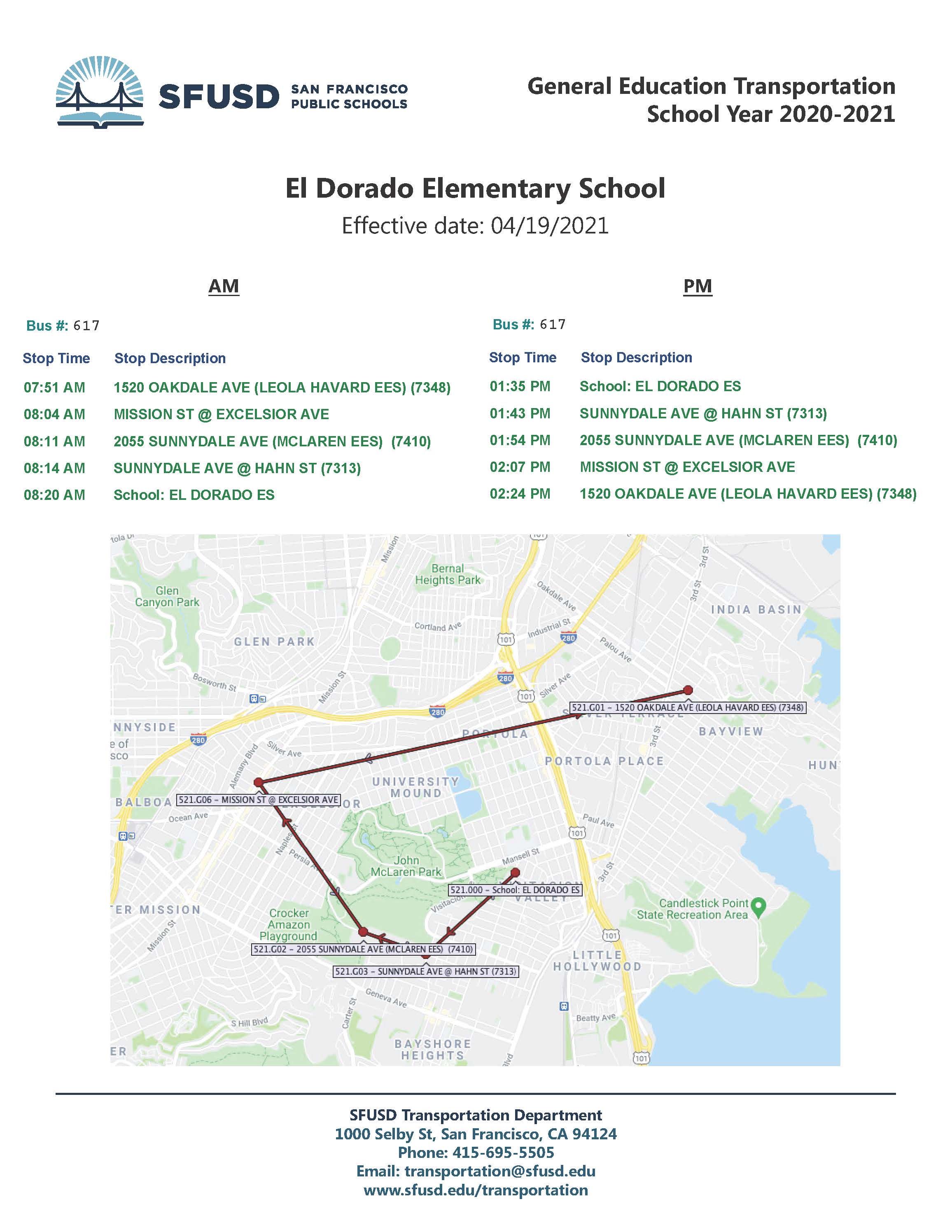 Picture of the pdf file provided by SFUSD with bus schedules for El Dorado