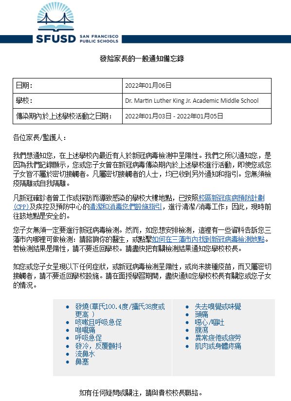 General Notification Memo For Families January 06 2022 Chinese