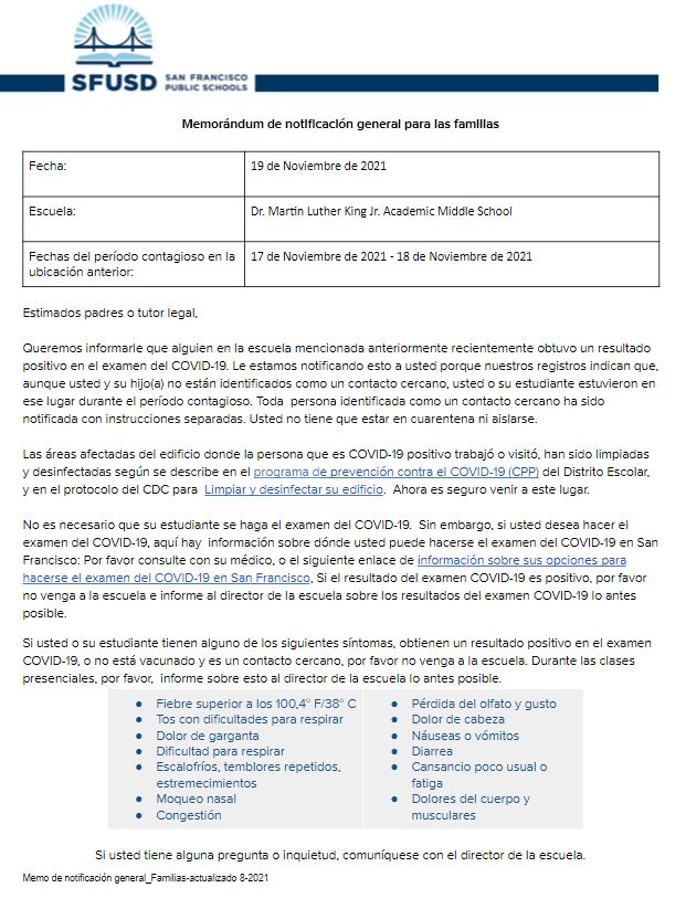 General Notification Memo For Families November 19 2021 Spanish
