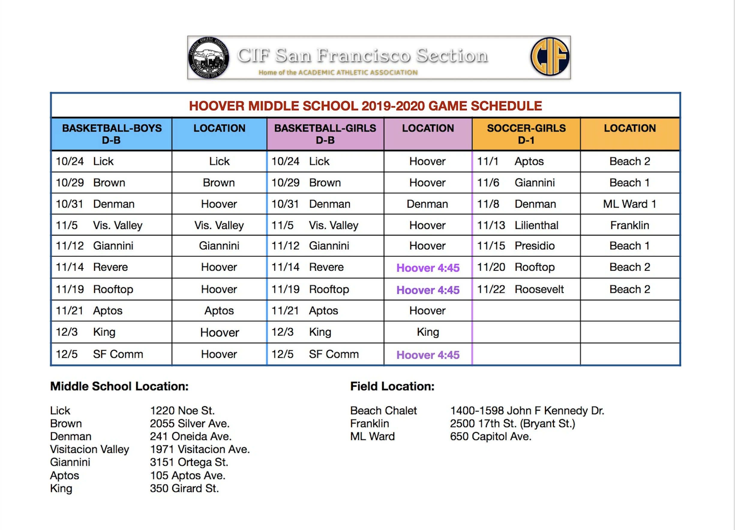 Hoover Sports Schedule