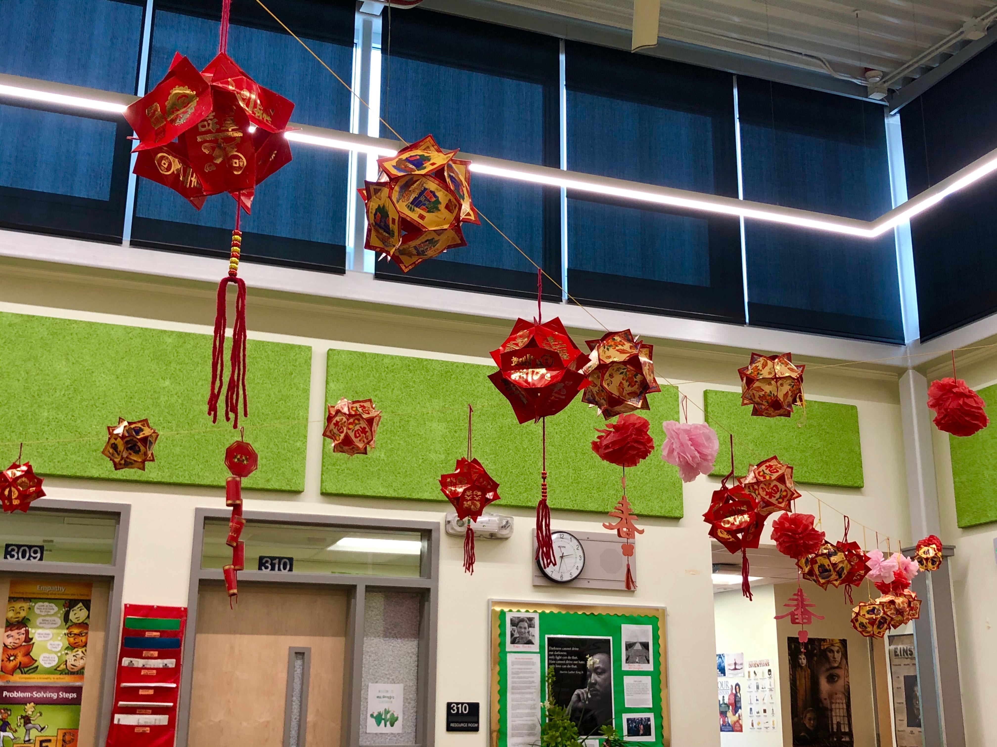 Lunar New Year decorations in the school multi-purpose room