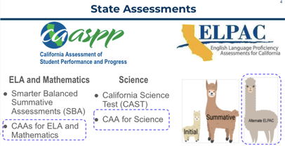 Images to show four alternate state tests: CAA ELA,CAA Math, CAA Science, Alternate ELPAC