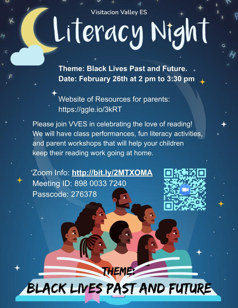 A flyer with a dark blue background and figures detailing Literacy Night. 