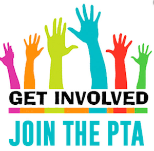 "Get Involved. Join the PTA!" with multicolored hards reaching upward.