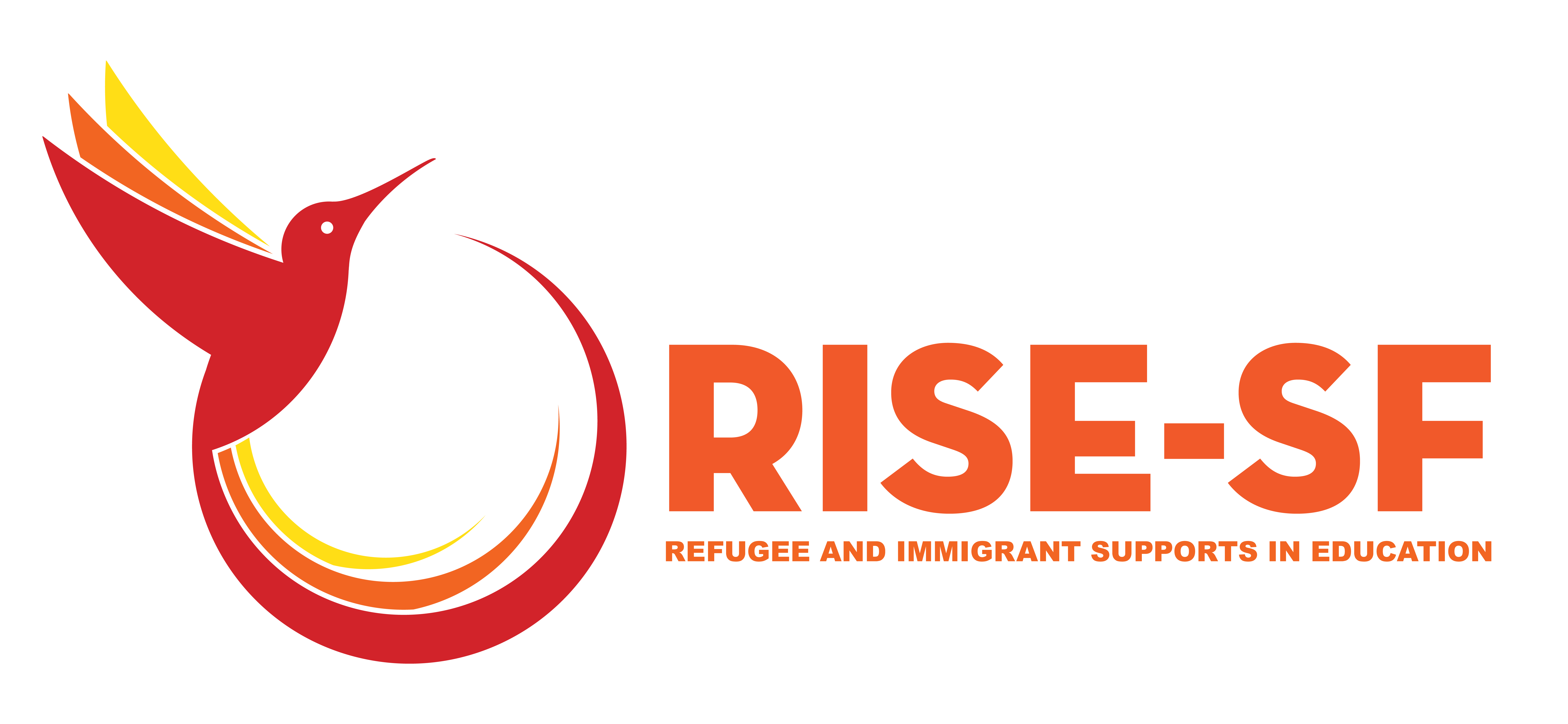 RISE-SF logo of red humming bird in flight with orange and yellow highlights on wings beside RISE-SF spelled out in orange black letters