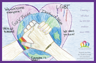 Rainbow clasp hands with a globe in the background safe space poster.