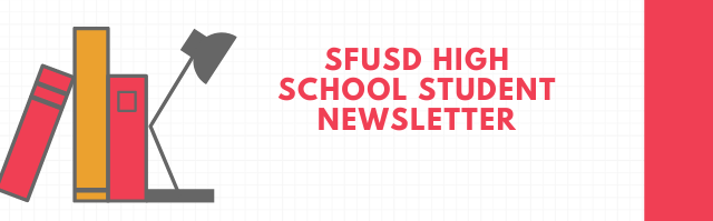 Illustration of books with text that says "SFUSD High School Student Newsletter"