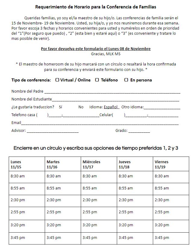 Student Led Conference Scheduling Sheet 2021 Spanish