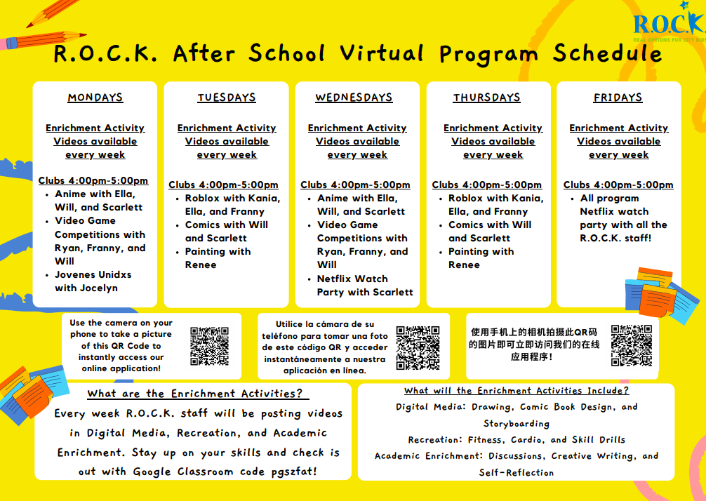 ROCK's flyer with times, specified activities, and QR codes for the applications in different languages.