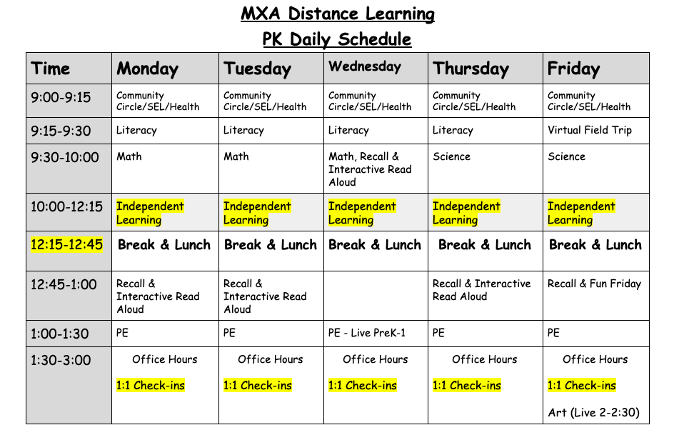 Pre-K Class Schedule