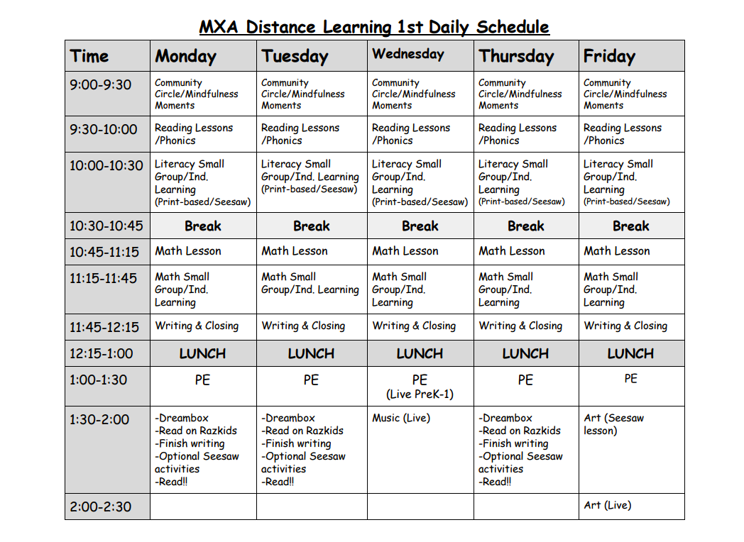 1st Grade Class Schedule