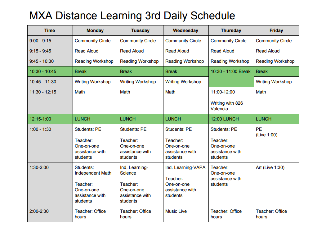 3rd Grade Classroom Schedule