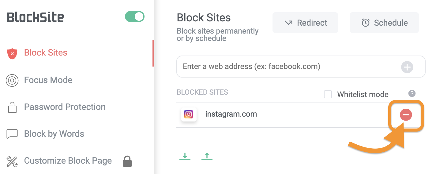 Screenshot of button to remove a blocked site