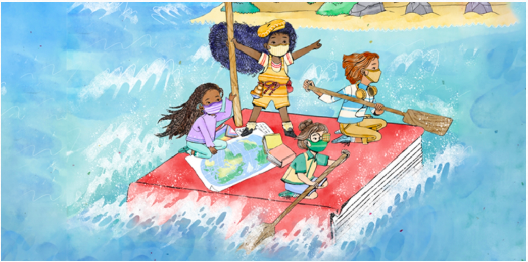 a drawing of three children on a boat looking for adventure