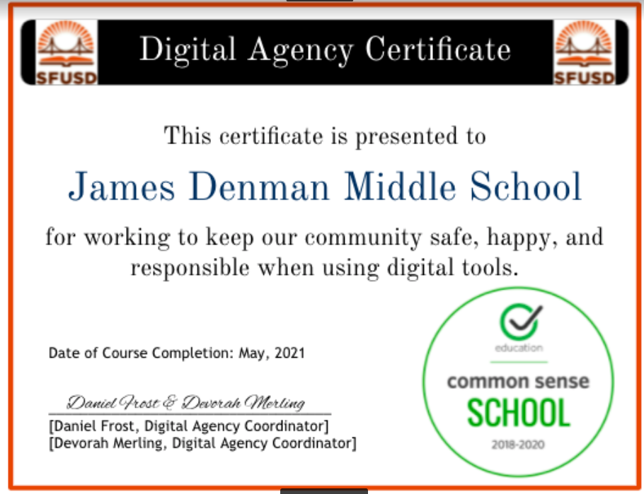 SFUSD Digital Agency CommonSense Certification for the 2021-2022 
