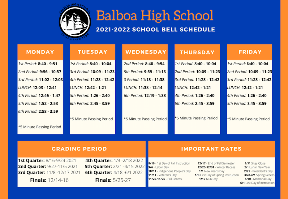 Balboa 2021-2022 Bell Schedule