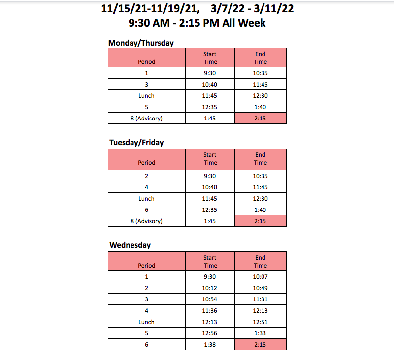 Student Led Conference Week Bell Schedule