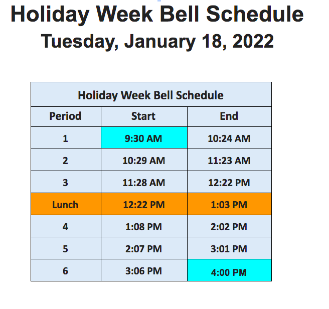 Holiday week bell schedule