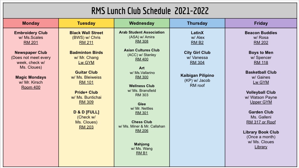 RMS lunch clubs - Spring 2022