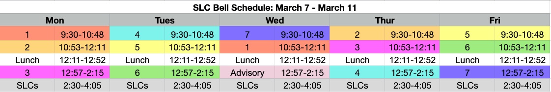 SLC bell schedule Spring 2022