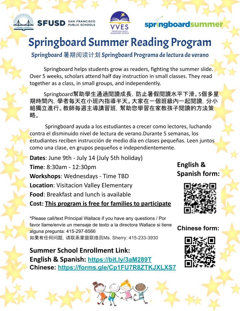 a flyer with a white background and star border detailing the information about Springboard Summer program at VVES