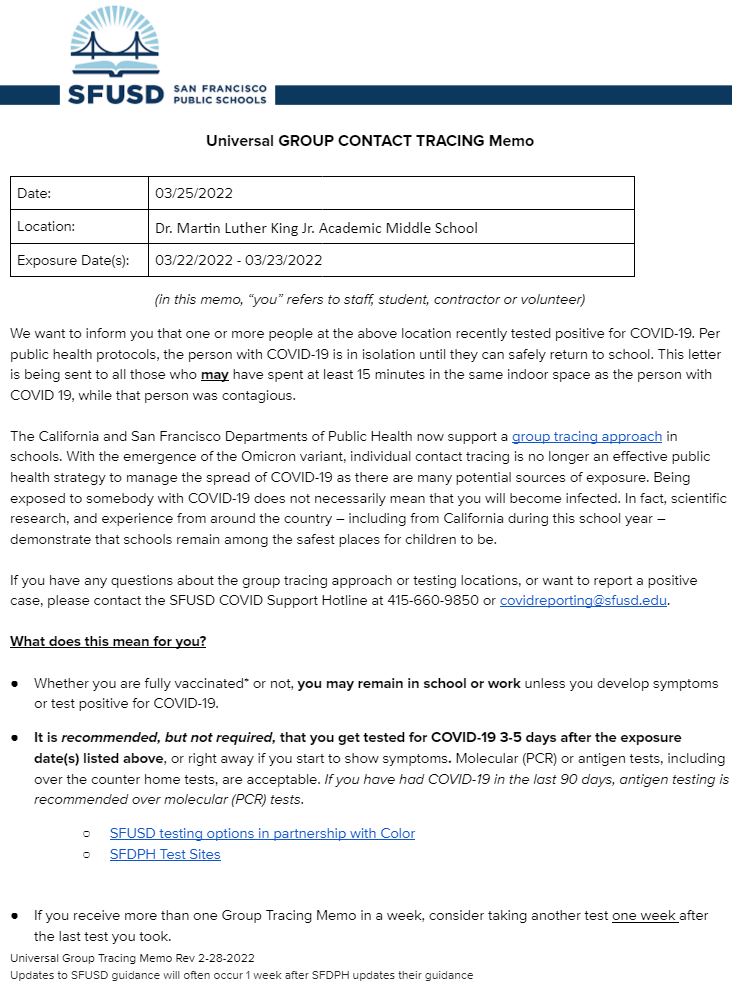 Universal Group Contact Tracing Memo Page 1 for March 25 2022 English