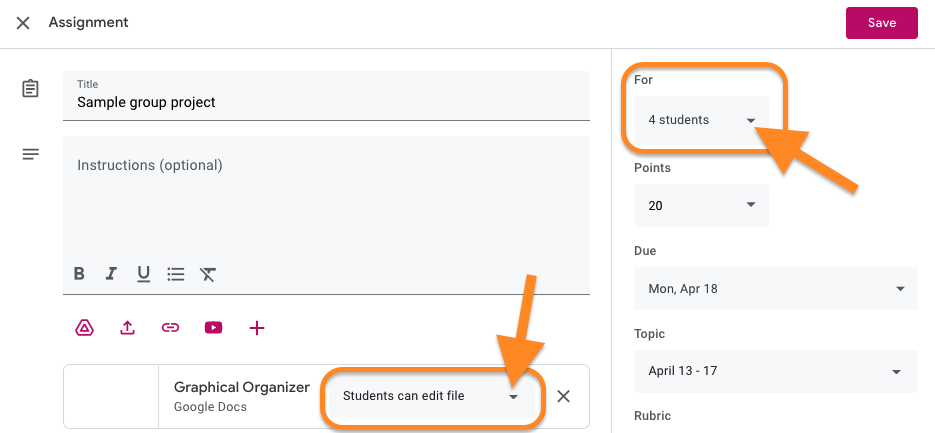 Screenshot of setting group projects in Classroom
