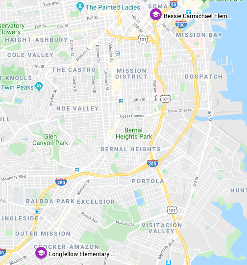 Map of SFUSD schools with Filipino K-5 Foreign Language in Elementary School Programs