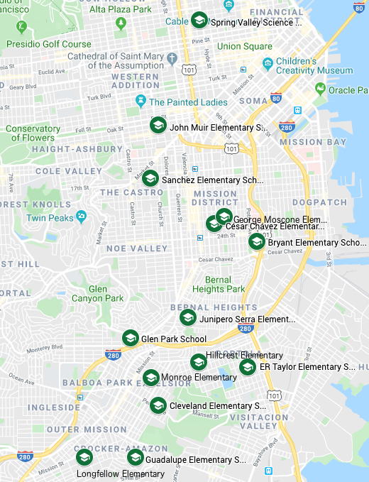 Map of SFUSD schools with Spanish K-5 Biliteracy Programs